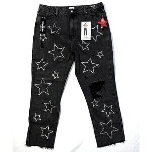 Simple Society Bling Stars Distressed Super High Rise Black Jeans Size 17/33 Raw